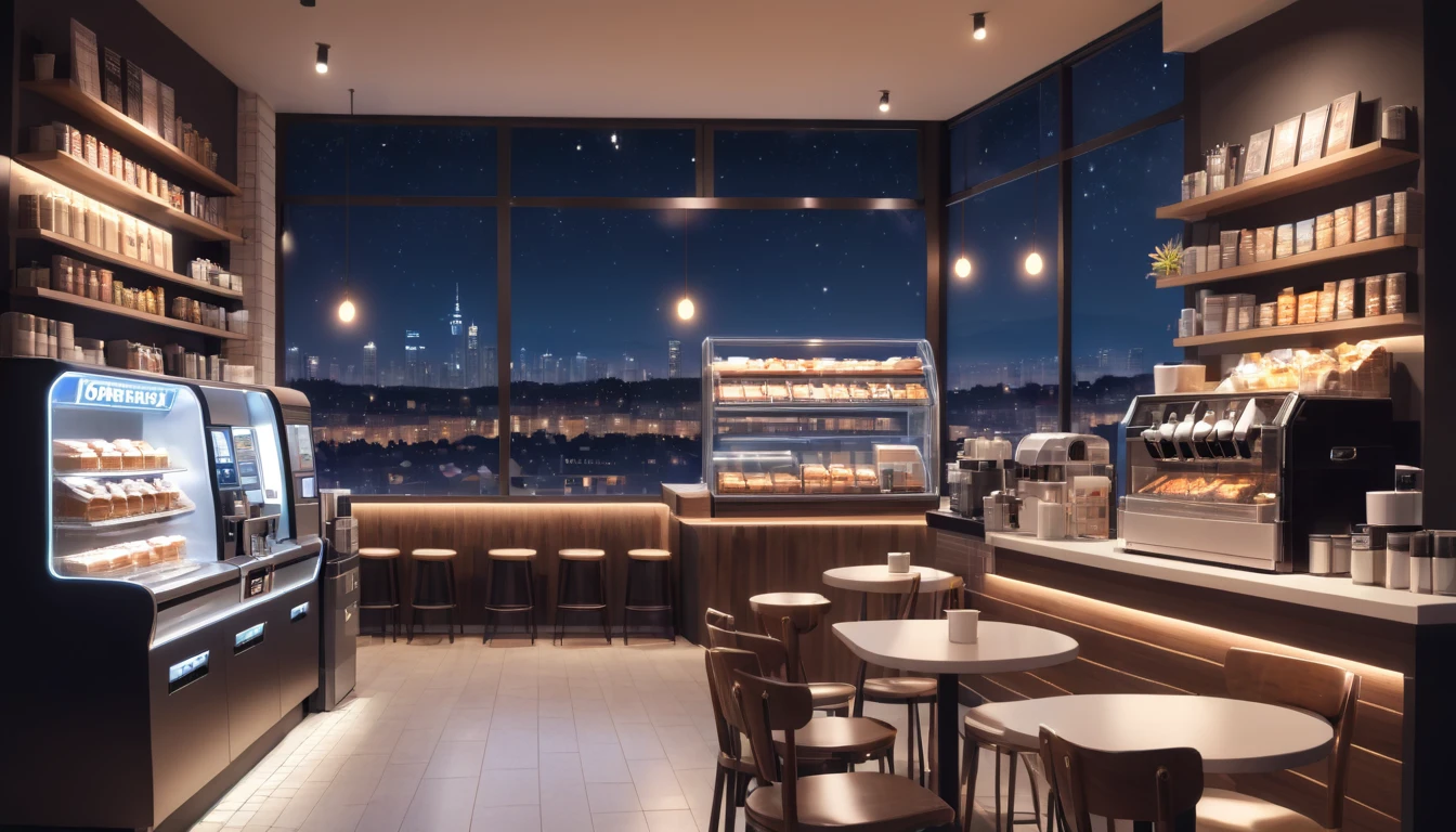 a cozy night time at a coffe interior with cozy lighting and sweets in the shelves. There are coffee cups in the tables. a cash machine and a coffee maker machine in the counter,There is a big window in the middle of the coffeeshop and the outside view is the city at night.