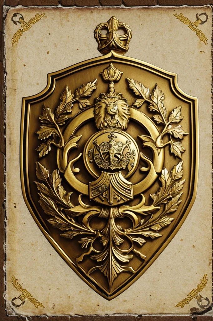 Create a militia badge, which would be a golden circular shield with a rampant lion in relief, its claws extended in defiance. The background of the shield could be adorned with intertwined oak leaves, symbolizing strength and endurance. Around the edge of the shield, the words could be inscribed "Value and Loyalty" in an elegant old typography.