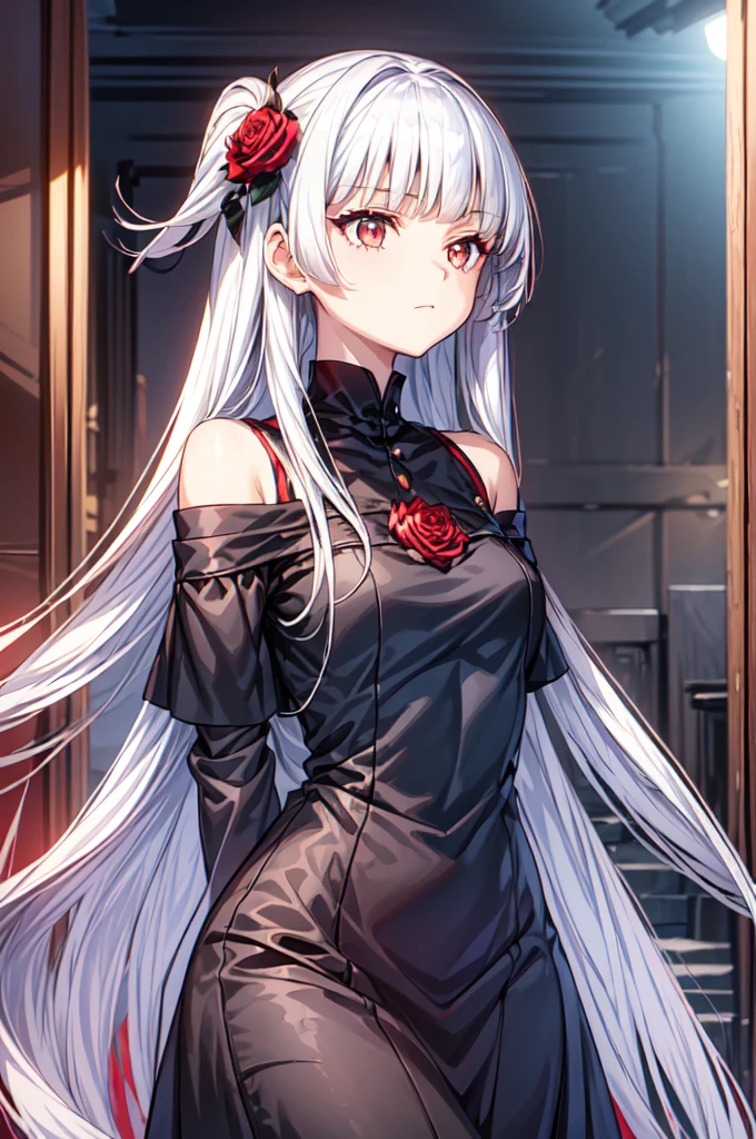 (bestquality, masterpiece), (An elegant girl , 1girl , solo, "Black leather Dress ", off-the-shoulder, Standing, looking at the audience, silver Hair", Long-haired,  straight silver hair, straight silver bangs, red rose eyes, closed mouth , Upper body), (black and red, background), diamond lace, elegant ornament, elegant jewelry 