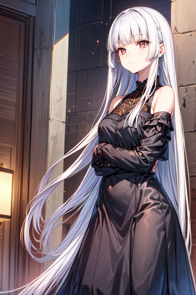 Girl, 20 years old, with long white hair down to below her waist, a serious yet tender expression, and red eyes. Her hair features black streaks. She wears antique-style clothing, a long black dress with a slit on the legs, and high black boots that almost reach her knees. Her power and background are related to shadows and darkness. dark escense, figth stance