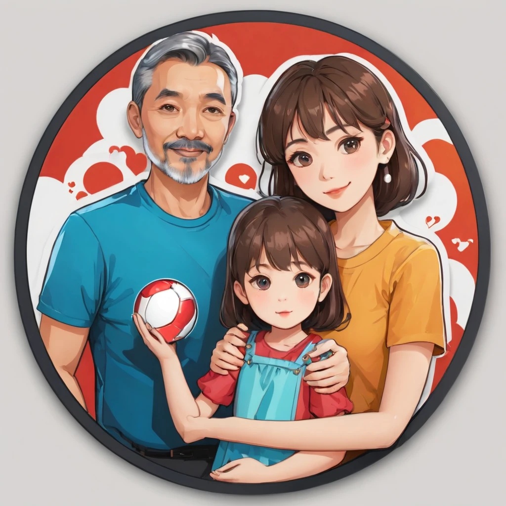 (sticker), (3D anime), ((family of 4 people)), father, mother, eldest daughter, youngest daughter, fatherและmotherอยู่ด้านนอก, The ball is inside., (in circle background), Very detailed, Detailed diagram, is a vector, 8K, 专业sticker设计, graphic design, Vector Lines, sticker, Full HD, round family