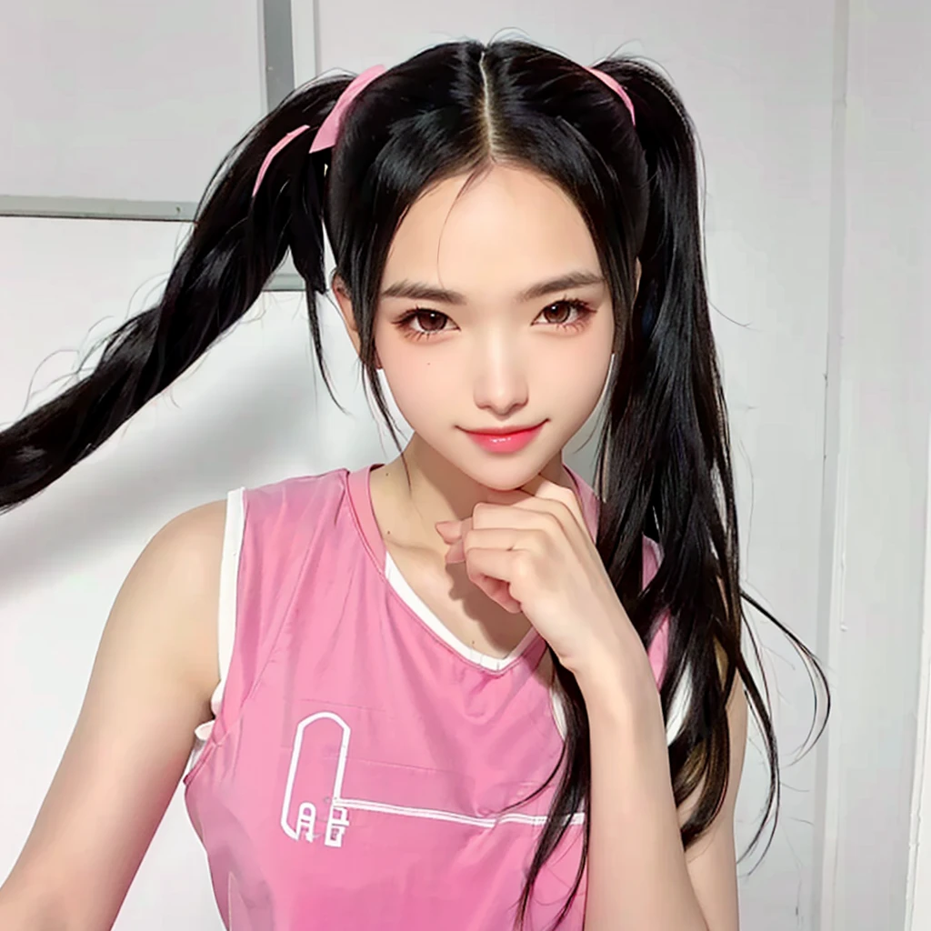 a close up of a 2D with a ponytail in a pink top, with black pigtails, 