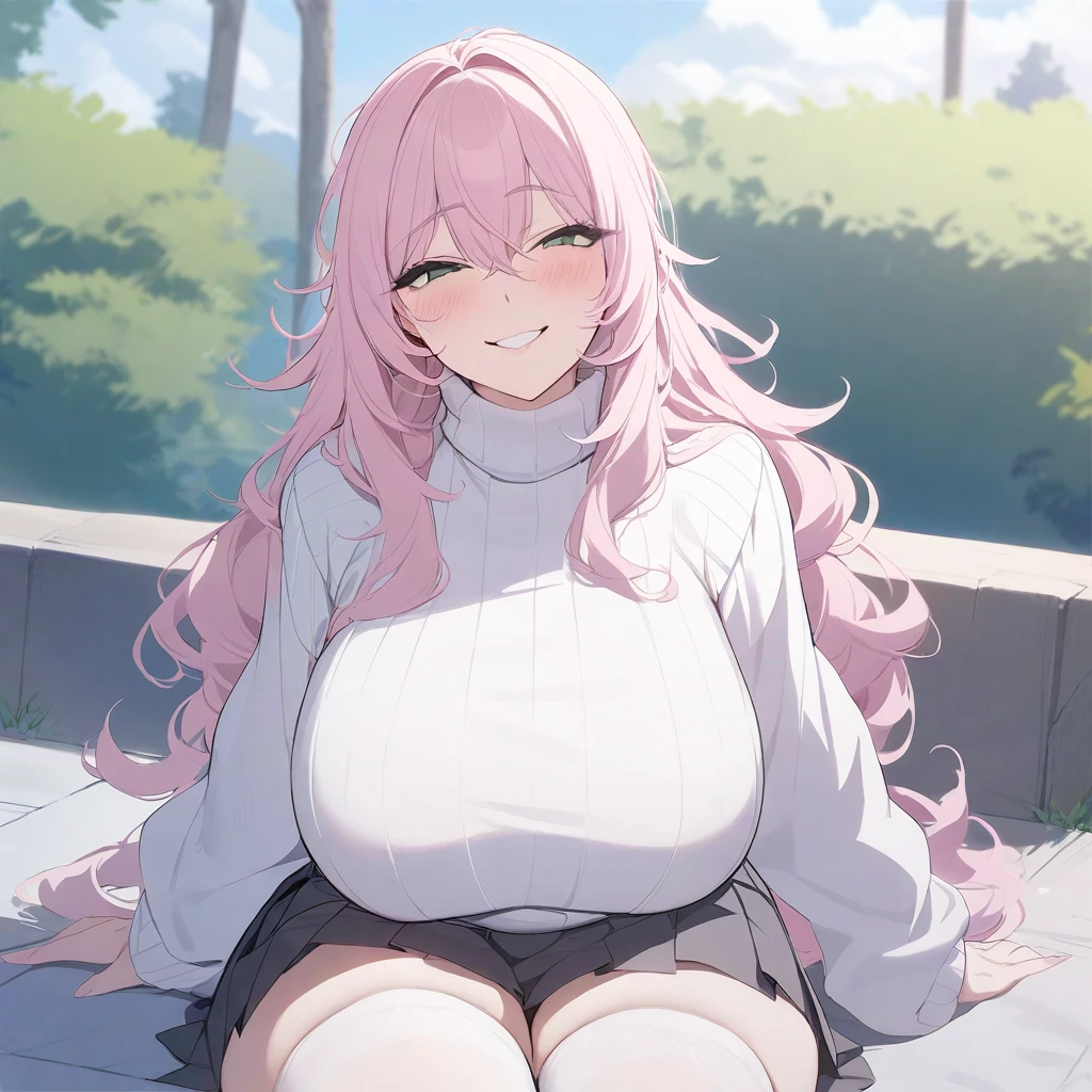 masterpiece, best quality, high quality, beautiful anime character, solo, anime girl with pink hair, messy hair, long hair, green eyes, big breasts, mature female, tall female, big girl, thick, (mischievous smile, smirk, horny, blush), outdoors, (turtleneck sweater, pleated skirt), long sleeves, white thighhighs, sitting,