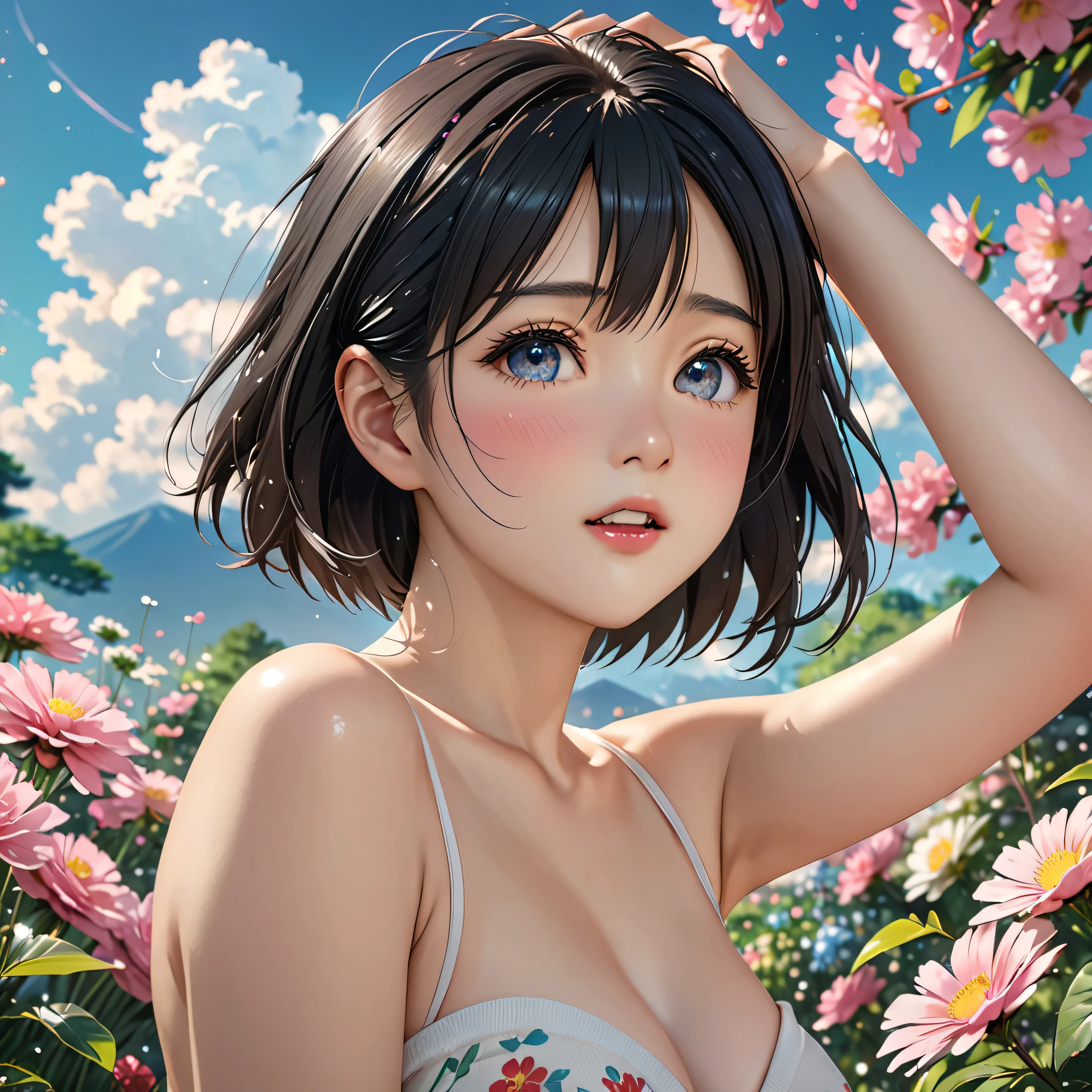 Very beautiful 17 year old girl, See through，(holding tulip flowers)、Glowing Skin, bright, Refreshing and gentle look, Perfect beautiful face、Beautiful shiny bangs, Small breasts，Lace Bikini，