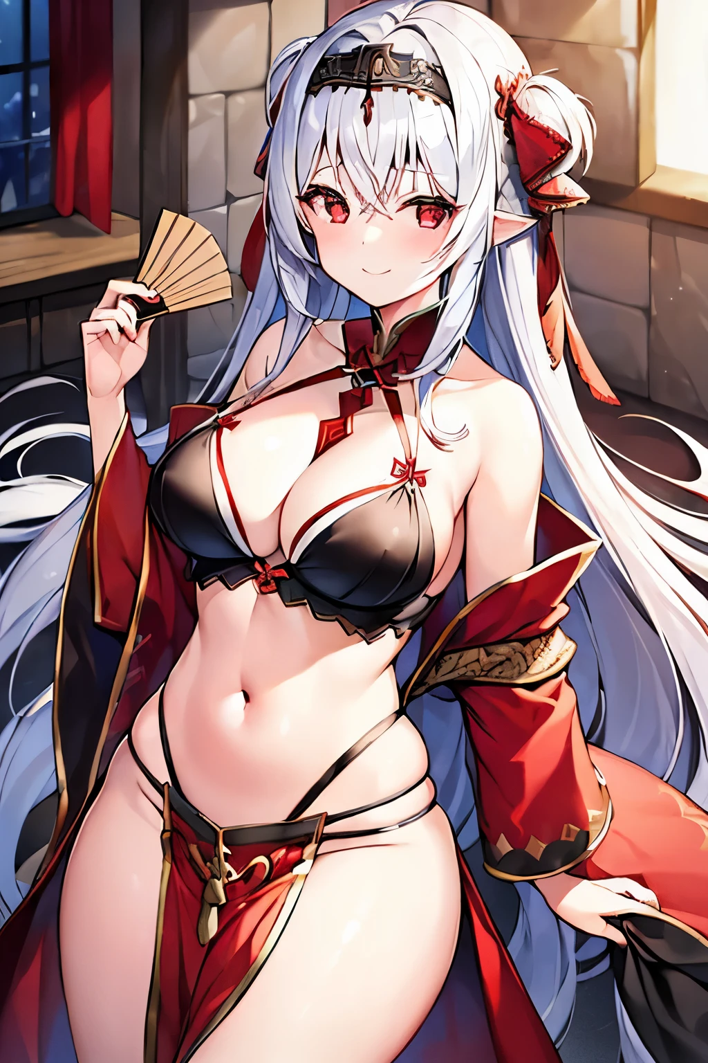 1 girl、Long silver hair、Headband、Red Eyes、((Red and black clotheedieval European fantasy))、Charm、Bigger breasts、Expose、Fan、smile、胸のExpose、Belly button、Shoulder Bare