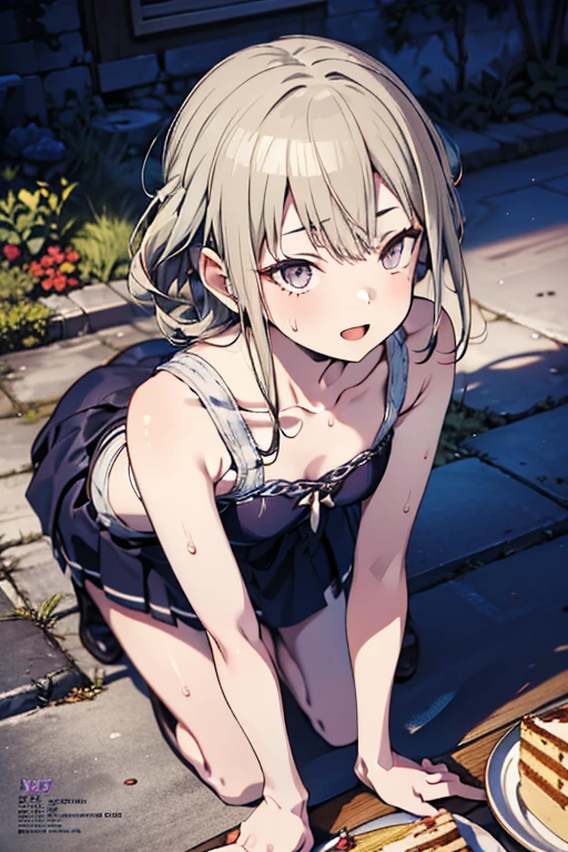 (from above:1.2),18 year old beautiful girl,Purplish blue eyes that dreamers desire,(Blonde hair) , small stature, (masutepiece:1.2, Best Quality),(finely detailed beautiful eye: 1.2),(beautifull detailed face),(perky chest:1.1),(pointed chest:1.2),(cakes magazine cover:1.5),(Best Illumination, extremely delicate and beautiful),sexy pose,Ultra Contrast,Braid a little around the ears, White long dress, (very detailed),(Raw photo, highest quality),(realistic, Photoreal:1.3), high detail, very detailed complex 3D rendering of face, (very detailed skin:1.2), dynamic angle, fire glow effect, professional lighting, side light, cinematic light, a super high resolution, 8K , best shadow, particles of light, Fine skin texture, detailed face, intricate details, Super detailed, shine, Please reconsider, full body,, beautiful face, shiny skin, thin, nice companion, delicate body, thin legs, cute apron, ((crawl on all fours:0.6)), beautiful back,little turn around, bend the body, the skirt is floating in the wind, Dark purple panties, thin Pubic hair ,highest quality, high resolution, Real World, Natural light, perfect Natural Light, ((the tip is protruding, areolas protruding)),Sweating,Wet,Wet crotch,Wet thighs,Realistic, (cute, perfect clothes: 1.3) ,narrow waist,(with sparkling eyes and a contagious smile), open mouth, looking at viewer,