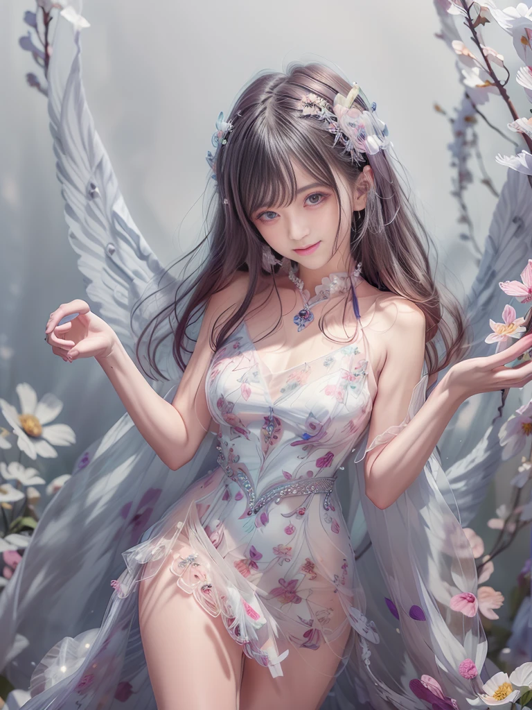 4K Ultra HD, masterpiece, girl, Nice face, Fine grain, Detailed lips, 花のFairyの少女, Big Wings, Transparent feathers, Neon Light, (Galaxy Background:1.5), (Floral Dress:1.8), (White Dress:1.5), In heaven,Angel、Fairy、(((Gentle Smile 1.3)))、(((Elegant pose 1.5)))、(((Blur the background)))、((1.85)))、