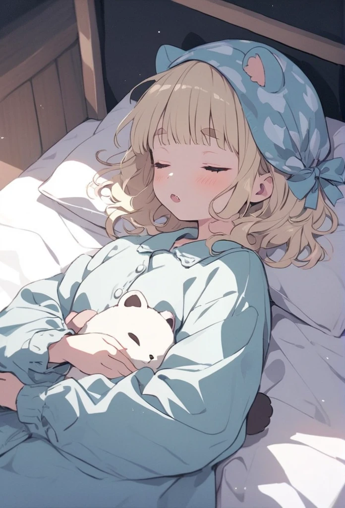 anime,(pale colors:1.8),long shot, 1girl, solo, (on right:1.3), full body, solo, sleeping, lying one's back on bed, holding dolphin stuffed toy, pillow, closed eyes, fang, light yellow hair, racoon ears, racoon tail, (brown streaked hair:1.3), side braid, (blunt bangs), wavy hair,thick eyebrows, pajamas, night cap, bed background,