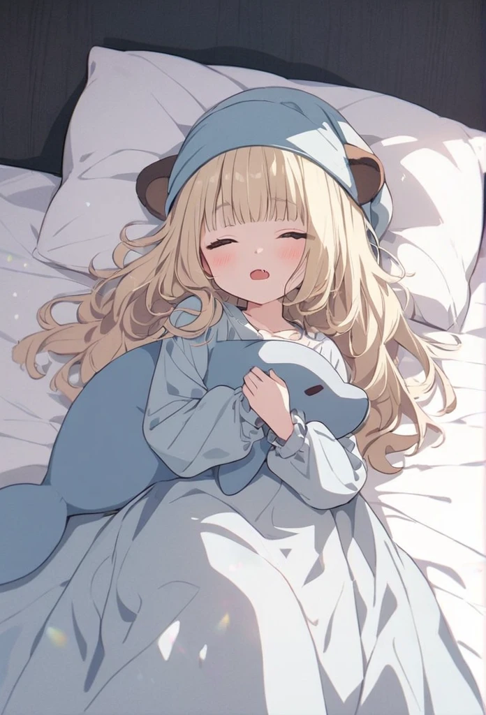 anime,(pale colors:1.8),long shot, 1girl, solo, (on right:1.3), full body, solo, sleeping, lying one's back on bed, holding dolphin stuffed toy, pillow, closed eyes, fang, light yellow hair, racoon ears, racoon tail, (brown streaked hair:1.3), side braid, (blunt bangs), wavy hair,thick eyebrows, pajamas, night cap, bed background,