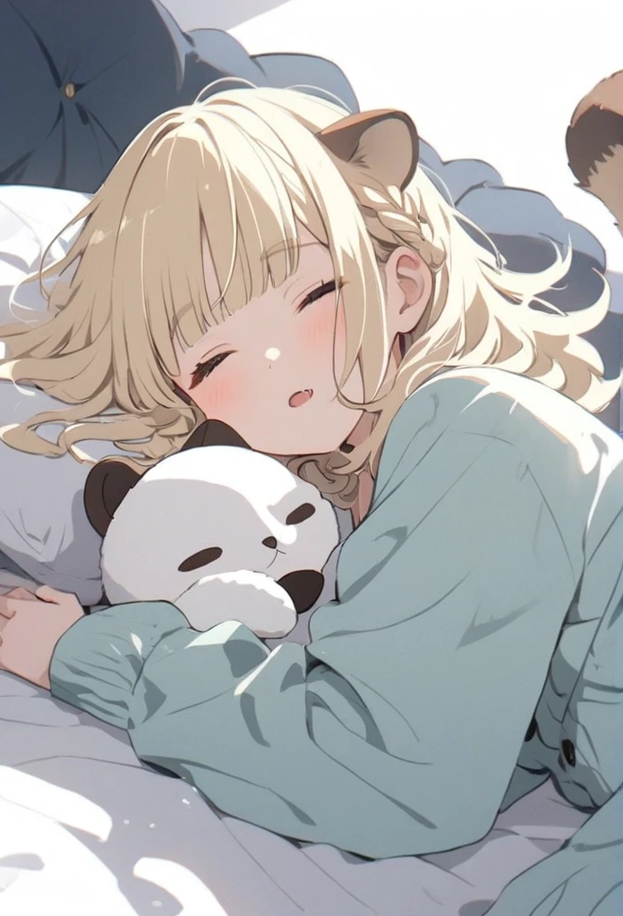 anime,(pale colors:1.8),long shot, 1girl, solo, (on right:1.3), full body, solo, sleeping, lying one's back on bed, holding dolphin stuffed toy, pillow, closed eyes, fang, light yellow hair, racoon ears, racoon tail, (brown streaked hair:1.3), side braid, (blunt bangs), wavy hair,thick eyebrows, pajamas, night cap, bed background, 