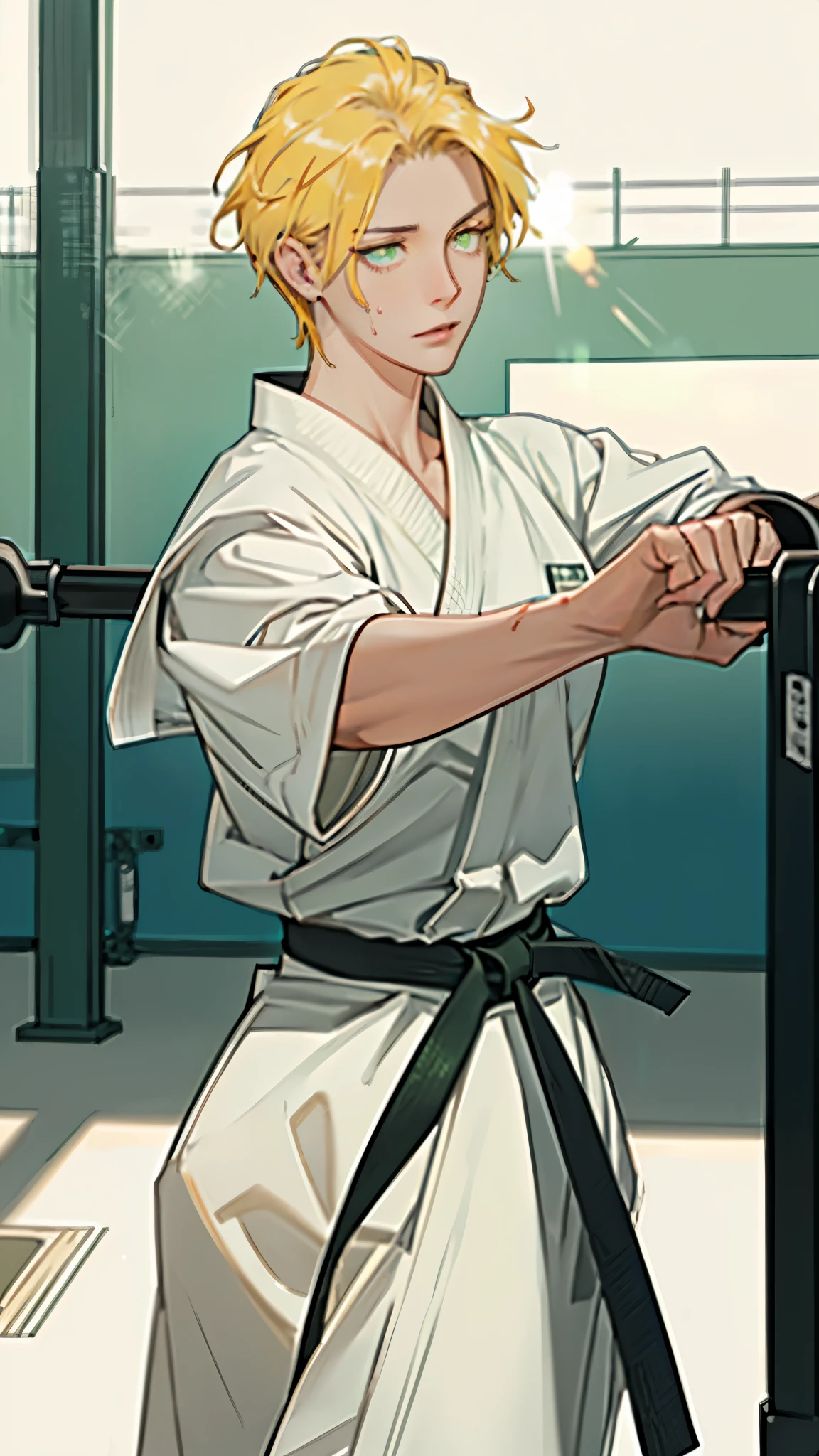 ((((masterpiece, best quality, high resolution)))), Extremely detailed 8K, 1 female, wearing a white Karate gi, (Ultra HD, Ultra-detailed, Highly detailed, Highly realistic, Ultra-realistic, photograph realistic), (1girl:1.5), (Realistic yellow hair), (dynamic poses), facing at camera, looking at viewer, (slightly serious face), (green eyes, sharp eyes), (perky breasts:1.2), (beautiful detailed face, beautiful detailed eyes), ((worn out karate gi)), (preparing for a fight), sweat, glow, (sunbeam, sunlight), ((cowboy shot)), inside a training gym, seductive, EnvyBetterHands LoCon,