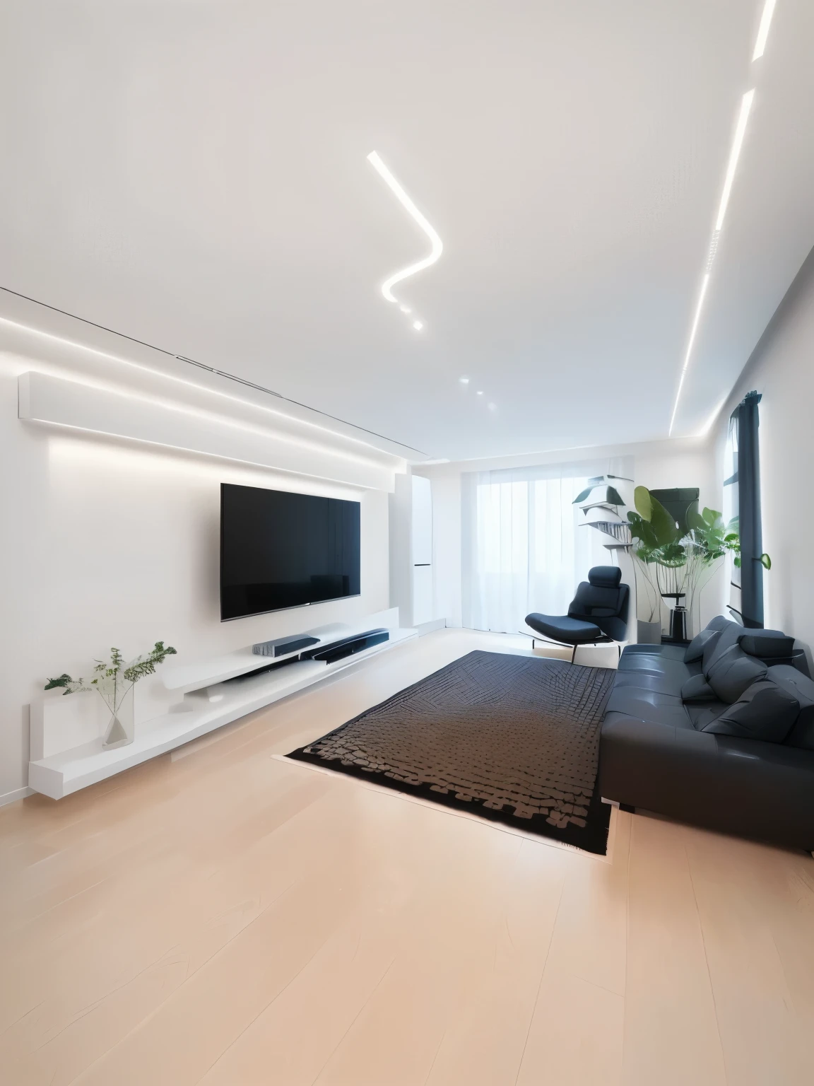 View of the living room with a large flat-screen TV, Minimalist interior design, Modern and simple, Modern and simple, Simple and beautiful, Modern and simple设计, 8k wide angle lens, 4K ], Modern and simple f 2 0 clean, 4K], Modern and simple f 2 0, 8K matte, Luxury Apartment, Modern Living Room, flat minimalistic