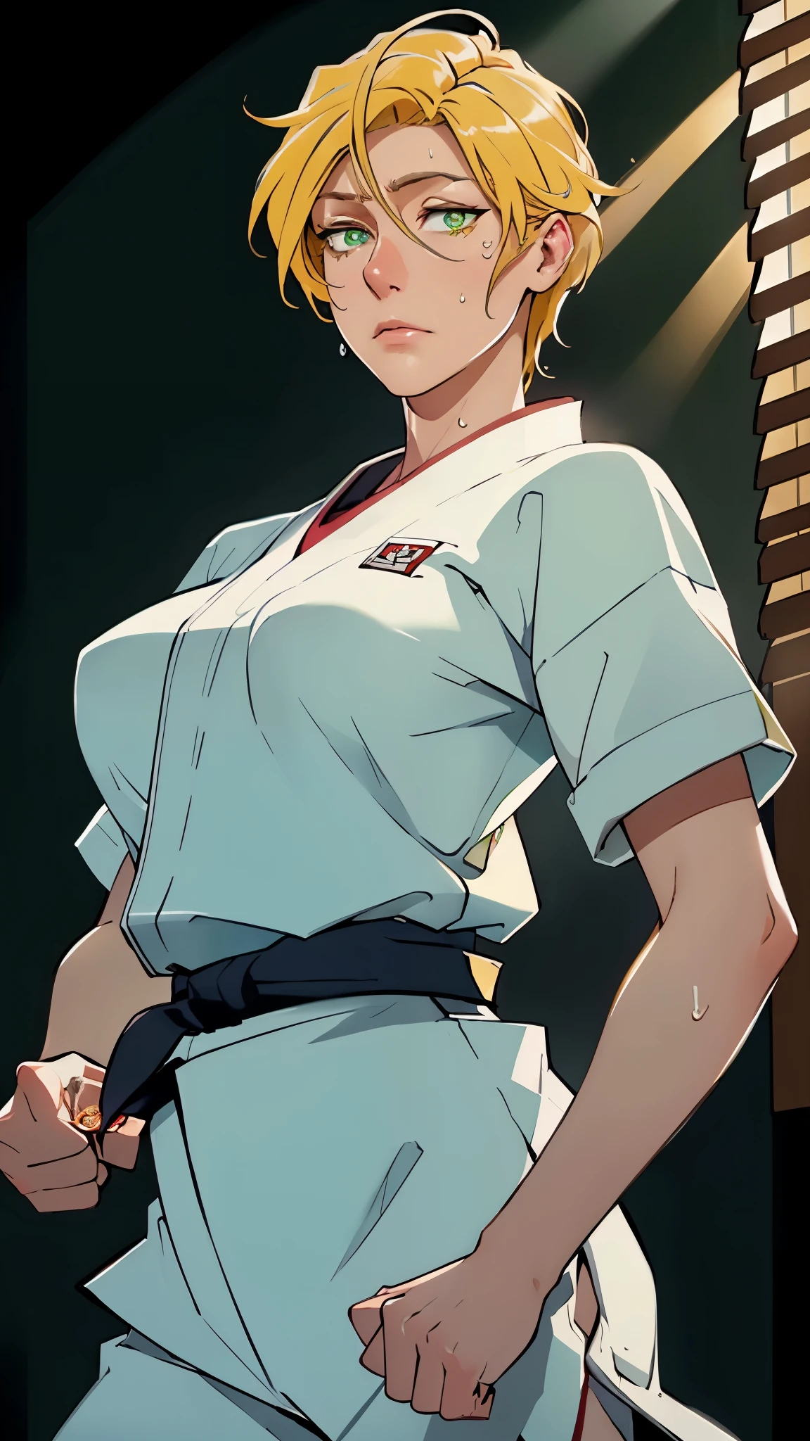 ((((masterpiece, best quality, high resolution)))), Extremely detailed 8K, 1 female, wearing a white Karate gi, (Ultra HD, Ultra-detailed, Highly detailed, Highly realistic, Ultra-realistic, photograph realistic), (1girl:1.5), (Realistic yellow hair), (dynamic poses), facing at camera, looking at viewer, (slightly serious face), (green eyes, sharp eyes), (perky breasts:1.2), (beautiful detailed face, beautiful detailed eyes), ((worn out karate gi)), (preparing for a fight), sweat, glow, (sunbeam, sunlight), ((cowboy shot)), inside a training gym, seductive, EnvyBetterHands LoCon,