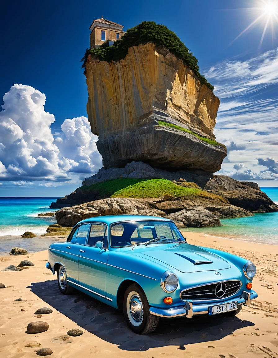 Car with open door, Parked on a beach with surreal elements like floating rocks and unusual skies. This scene exudes a dreamlike atmosphere..