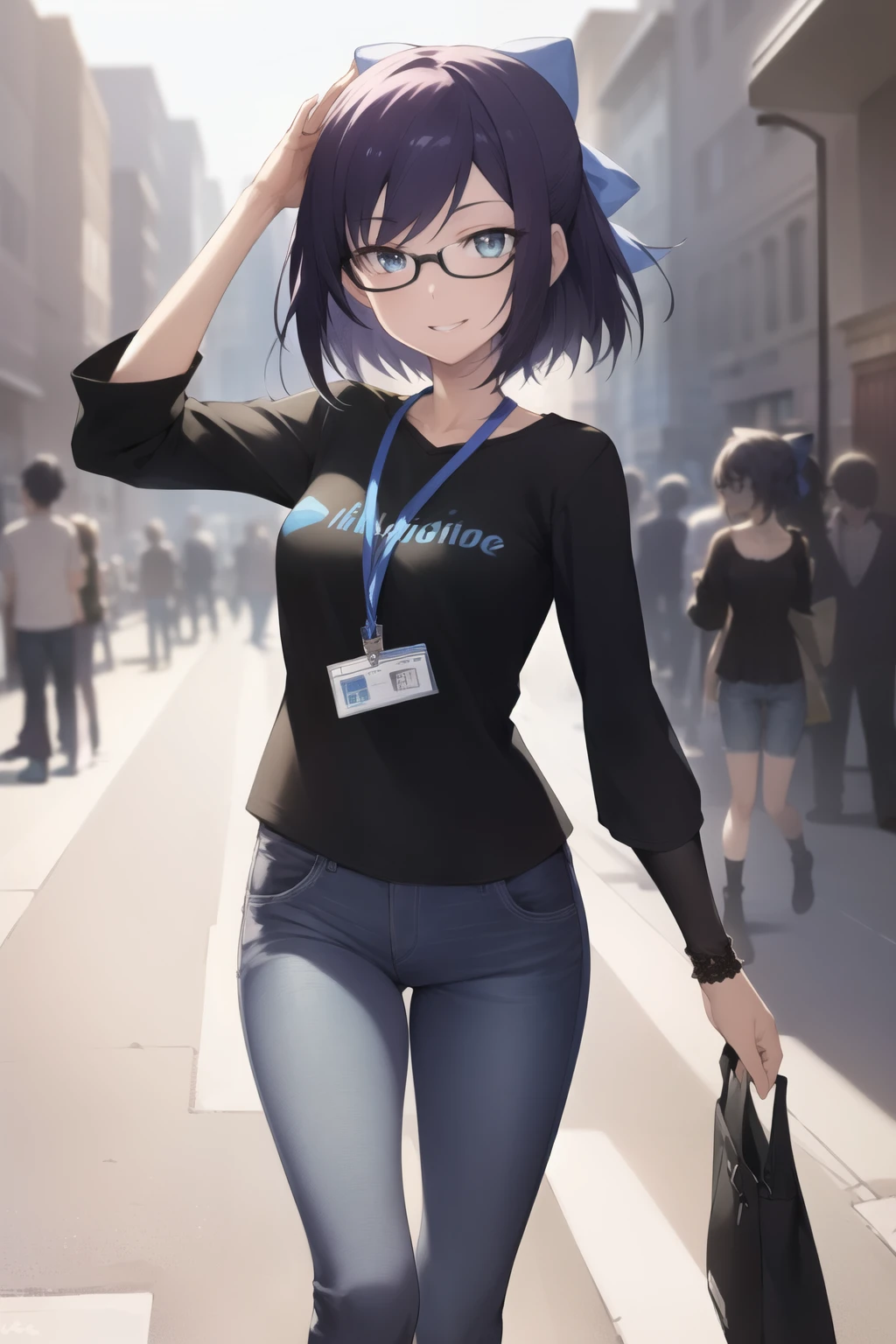 2d, masterpiece, best quality, anime, highly detailed face, highly detailed eyes, highly detailed background, perfect lighting, full body, 1girl, solo, a-chan, black shirt, logo, id card, jeans, 
extraordinary smile, outdoor, building street