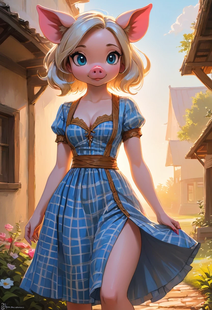 Create an illustrated, hand-drawn, full-color image of an humanoid, hybrid, anthropomorphic, sexy pig woman. The artwork should be rendered in the style of "Breath of the Wild," featuring warm lighting and shadows. Include graphite shading, stencil marks, and airbrushed acrylic paint effects. The image should be of the highest quality, a masterpiece with intricate details. cow nose, cow ears. The pig woman should have a female, humanoid, appearance. She should have luscious lips, a wide smile, and bright, expressive eyes, exuding beauty, cuteness, and adorableness. Ensure the image is high resolution and sharply detailed, with a detailed and vibrant background. Scarlett Johanson, Alison Brie, Dove Cameron Incorporate mystical lighting in the background, creating a romantic and enchanting atmosphere. gingham dress.