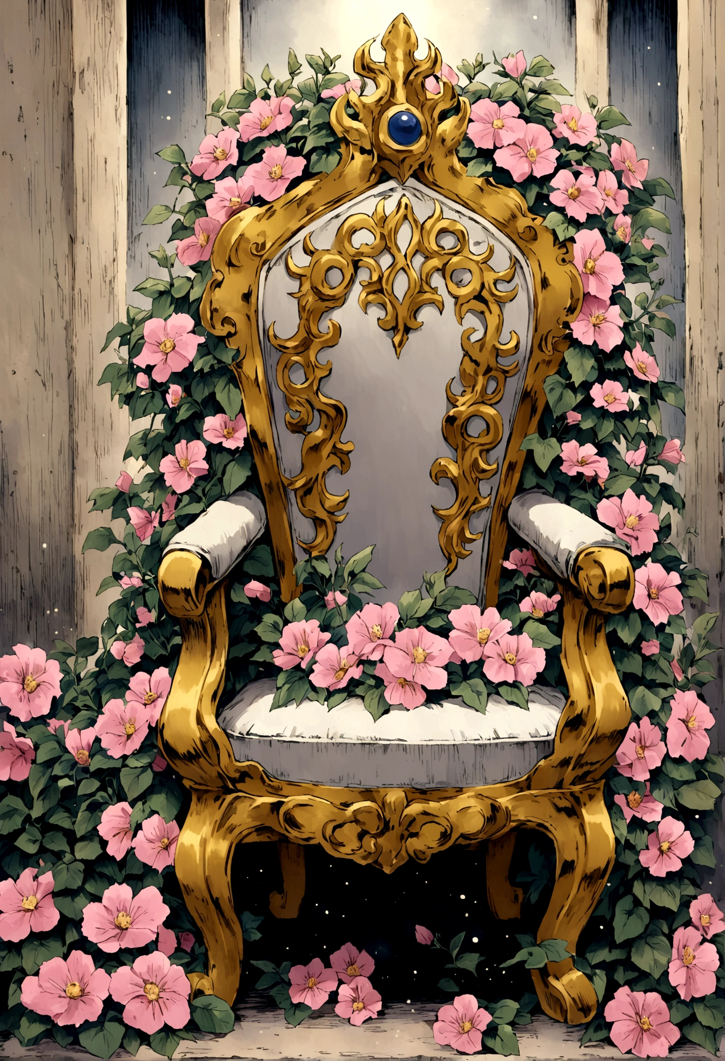 Saint Seiya anime, in which the protagonist gets up from a chair in which he has been sitting for 34 years. The chair is covered in flowers that have grown around it over time..