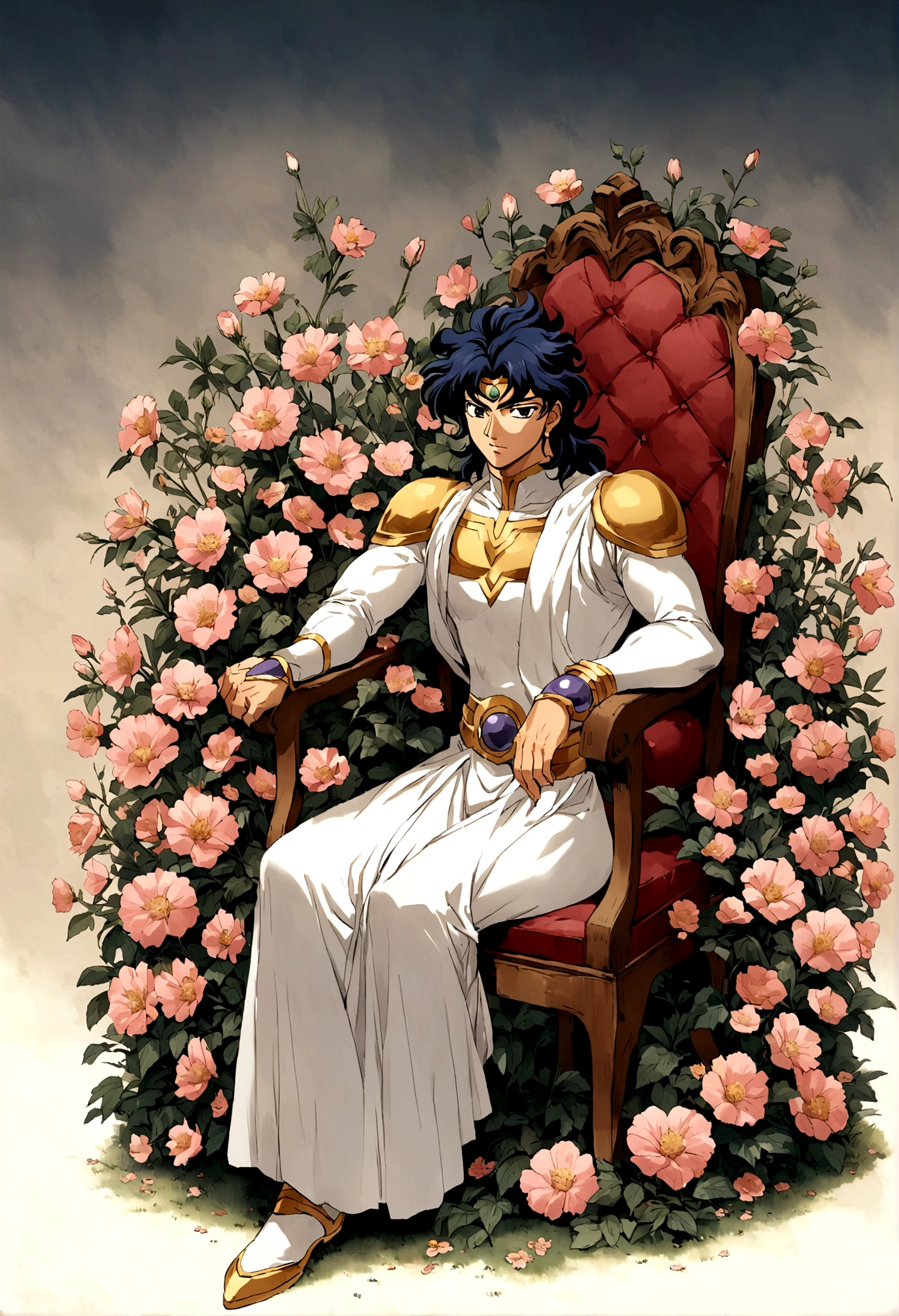 Saint Seiya anime, in which the protagonist gets up from a chair in which he has been sitting for 34 years. The chair is covered in flowers that have grown around it over time..