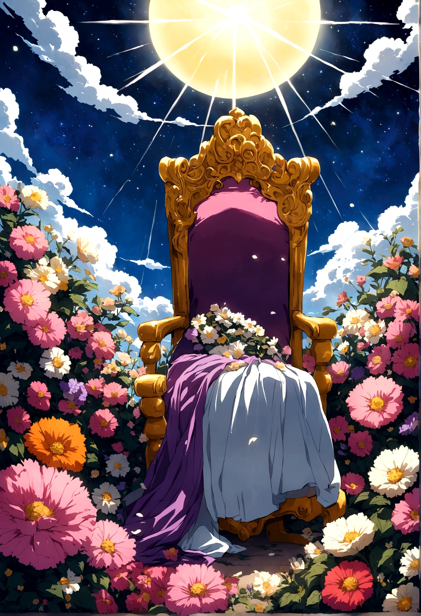 Saint Seiya anime, in which the protagonist gets up from a chair in which he has been sitting for 34 years. The chair is covered in flowers that have grown around it over time..