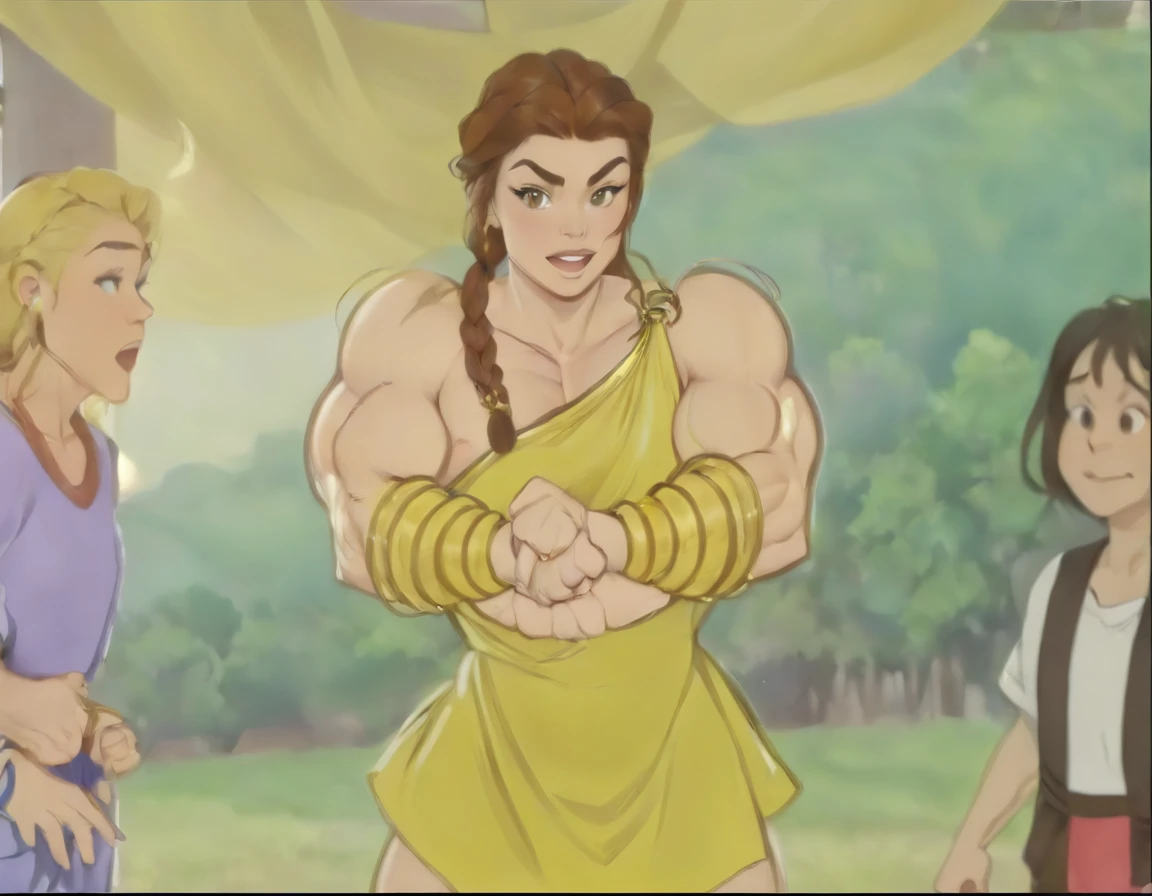 muscle woman with braided brunette hair wearing ancient greek yellow tunic flexing massive muscles wearing yellow metal bracelet, muscle woman, huge muscles, muscle girl, biceps, pecs