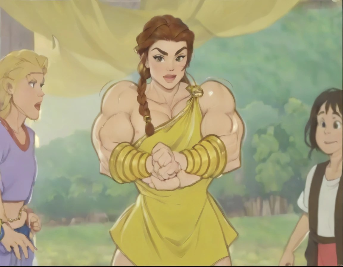 muscle woman with braided brunette hair wearing ancient greek yellow tunic flexing massive muscles wearing yellow metal bracelet, muscle woman, huge muscles, muscle girl, biceps, pecs