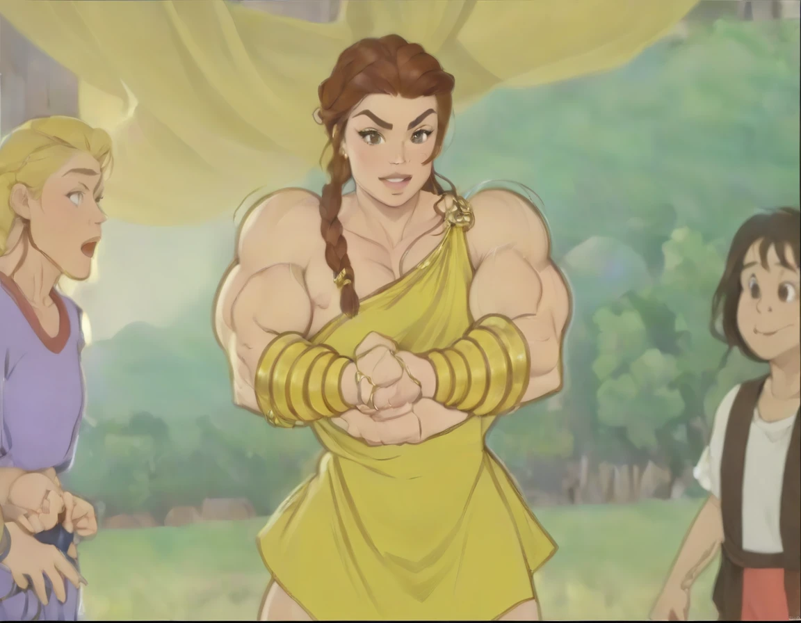 muscle woman with braided brunette hair wearing ancient greek yellow tunic flexing massive muscles wearing yellow metal bracelet, muscle woman, huge muscles, muscle girl, biceps, pecs