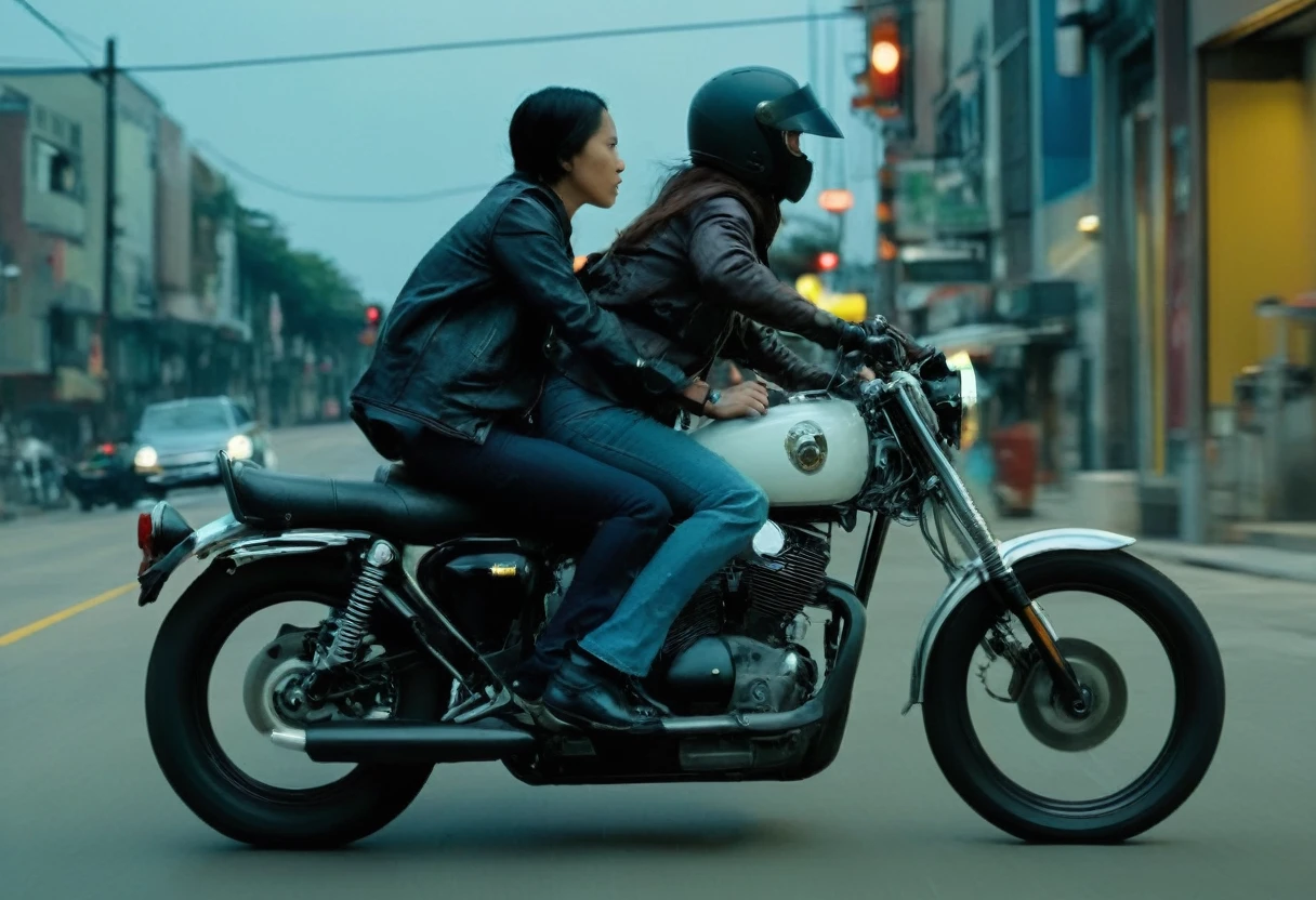 Create an image of two individuals riding a motorcycle. The male in the front should be wearing a dark half helmet, a flannel shirt, and dark gloves. The motorcycle should have a classic design with round headlights and rearview mirrors on both sides. The young female in the back is wearing high with a light-colored open face helmet, and carrying a black backpack with straps over both shoulders. She should be seated behind the first rider, hugging onto the male for stability. The setting is an urban environment at night with dim yellow street lighting casting shadows and creating a moody atmosphere. The camera angle is from the side at ground level, capturing the motion of the motorcycle as it moves from left to right across the frame. Wong Kar Wai color palette