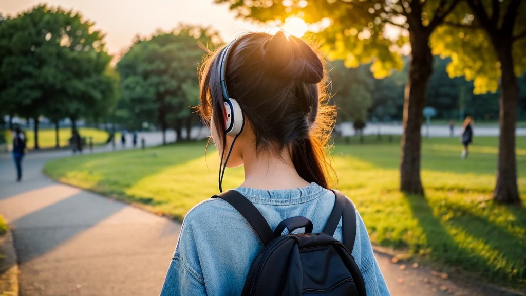 Back view of a young Japanese woman wearing headphones walking in the park with a beautiful sunset。I can't see your face。 The scene is at dusk、The sun begins to set、街はorange色の光に包まれていく。In the clear, cloudless sky、red、orange、yellow、The pink gradation spreads beautifully.、The street lights start to flicker。The person is a 21-year-old young Japanese woman.。Medium wavy hair blowing in the wind。Beige cardigan and denim pants、Wearing comfortable clothes with white sneakers、He has headphones on his head。The headphone is precisely drawn with symmetry.。 The camera is shot from behind the woman.。後ろ姿なので女性のI can't see your face。In a realistic photo style、Be mindful of depicting natural light。Beautiful silhouette of a woman、Sunset and trees in the park々Create an image with striking color contrast。
