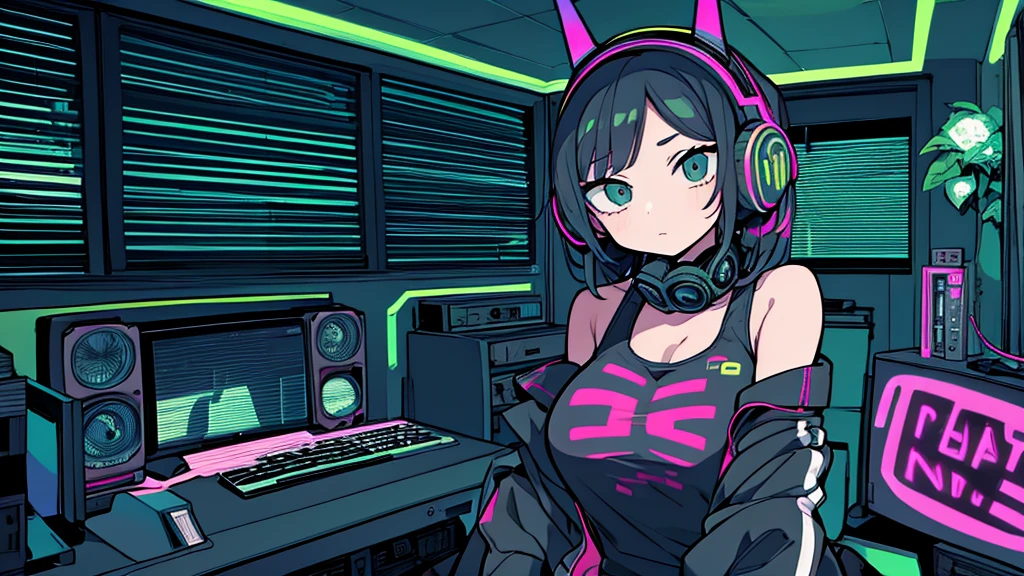 Best quality, (masterpiece), best detail face,1 girl, big breasts, 18 yo, 8k,absurdres,unity 8k wall paper,(extremely detailed:1.3), highest realistic, (retro headphones:), (soft neon light:), (psychedelic), Her room full of music equipment and plants, racy sports wear , See the whole room, She is leaving the room, dark yellow color palette
