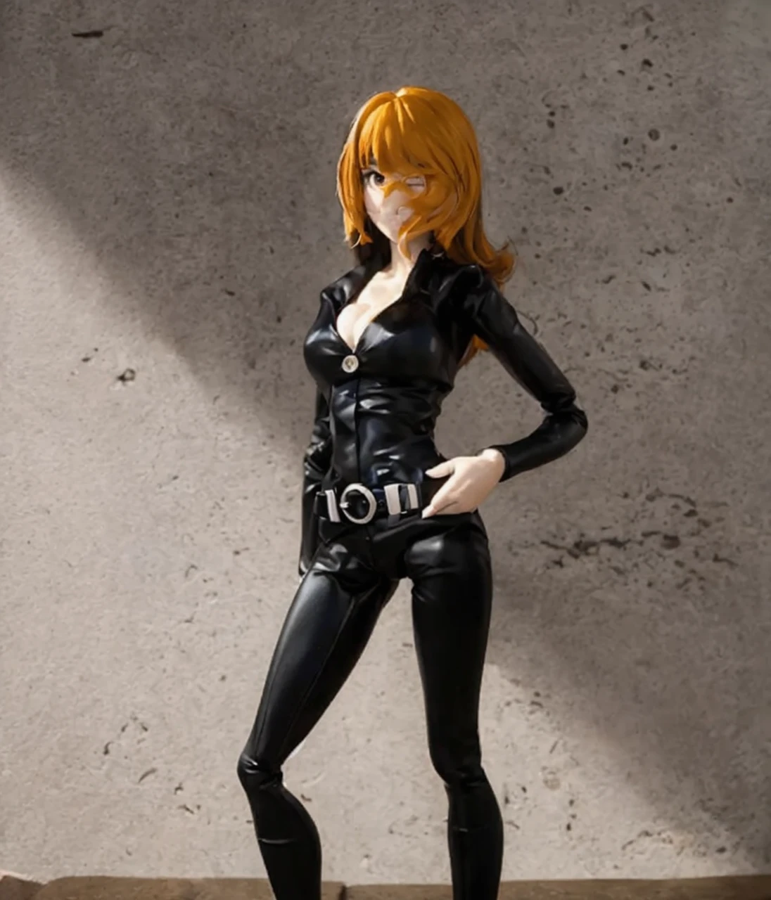 a close up of a toy figure of a woman in a black suit, by Yoshiyuki Tomino, anime pvc