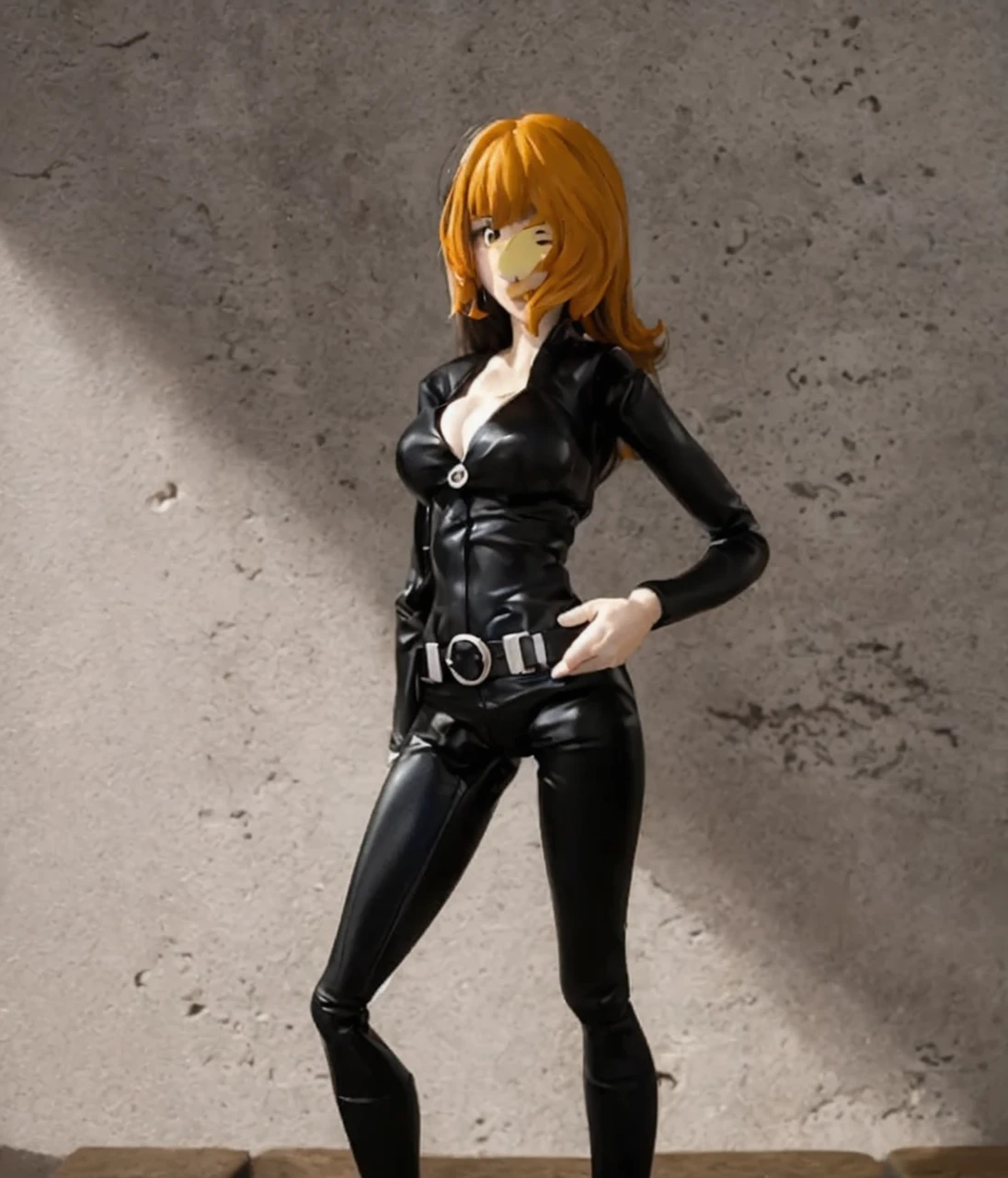a close up of a toy figure of a woman in a black suit, by Yoshiyuki Tomino, anime pvc 