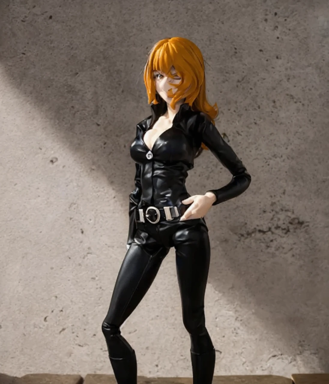 a close up of a toy figure of a woman in a black suit, by Yoshiyuki Tomino, anime pvc 