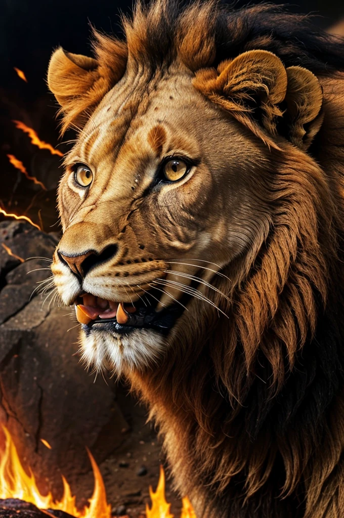 "A majestic lion with a fiery mane that resembles lava, its fur a vibrant orange and red color. Its eyes are a piercing yellow, and its mouth is open in a powerful roar. The background is a dark, smoky gray, with hints of flames and sparks surrounding the lion's mane, giving the impression of intense heat and energy.