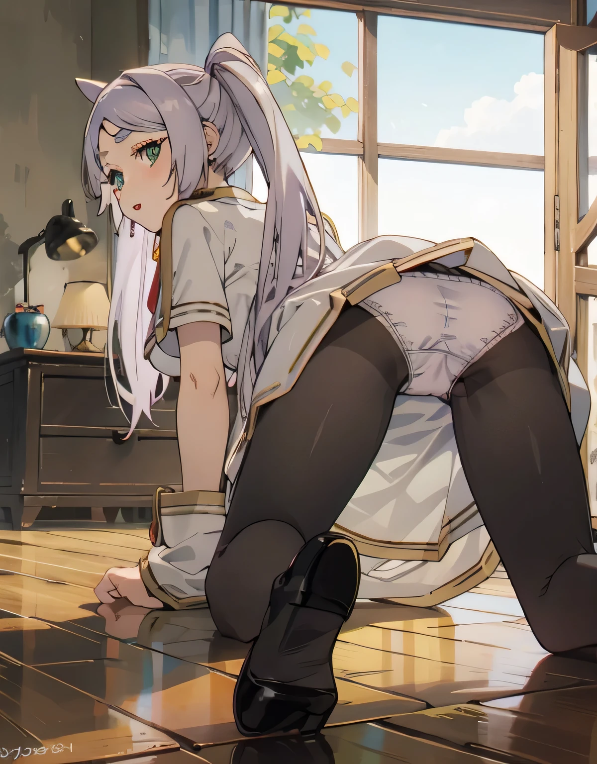(Highest quality, masterpiece),sexy, erotic, One Girl, 18-year-old, Contempt, pride, Long silver hair, ((Green Eyes)), View your audience, View your audience, Warm Light, ((White Dress)), ((On all fours)), (Small breasts),(((Skirt flip, Panties are visible through black pantyhose,Small Ass,From the back))), Two ponytails,upskirt