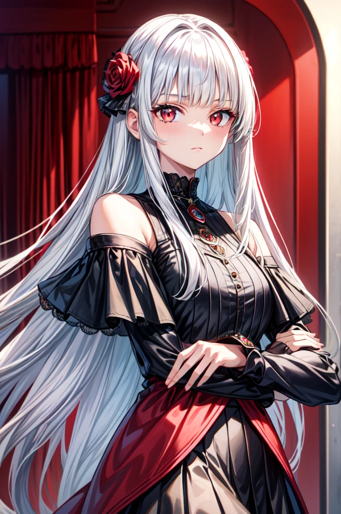 (bestquality, masterpiece), (An elegant girl , 1girl , solo, "Black leather skirt ", red diamond red cyberpunk stylish top , off-the-shoulder, Standing, looking at the audience, silver Hair", Long-haired, straight silver hair, straight silver bangs, red rose eyes, closed mouth , Upper body), (black and red, background), diamond lace, elegant ornament, elegant jewelry , hime hair