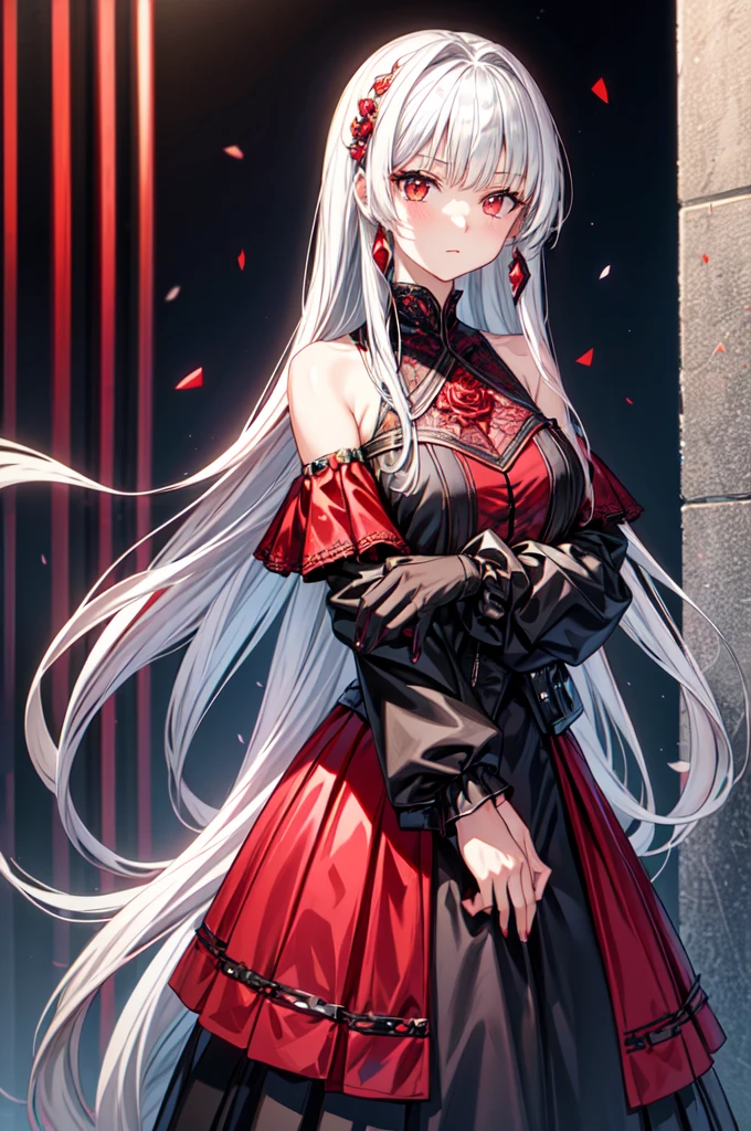 (bestquality, masterpiece), (An elegant girl , 1girl , solo, "Black leather skirt ", red diamond red cyberpunk stylish top , off-the-shoulder, Standing, looking at the audience, silver Hair", Long-haired,  straight silver hair, straight silver bangs, red rose eyes, closed mouth , Upper body), (black and red, background), diamond lace, elegant ornament, elegant jewelry , hime hair