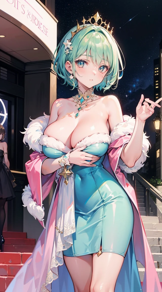 beautiful woman，smile，(light green short hair)，nobility，(princess)，blue student，Tall figure，((Strapless dress))，low skirt，(Star evening dress)，ta skirt，Show your legs，Crystal heels，red carpet，prom website，(nobility)，(titsใหญ่)，((fluffy fur)),(2 young women ,beautiful woman),(20 year old girl),big breasts,Big tits,tits,rift, visible chest, Show your breasts, open chest,((bare breast:1.37)), ฉันเห็นtitsโป่งพ,(large areolae:1.4,pink,titsมองเห็นได้ชัดเจน..)