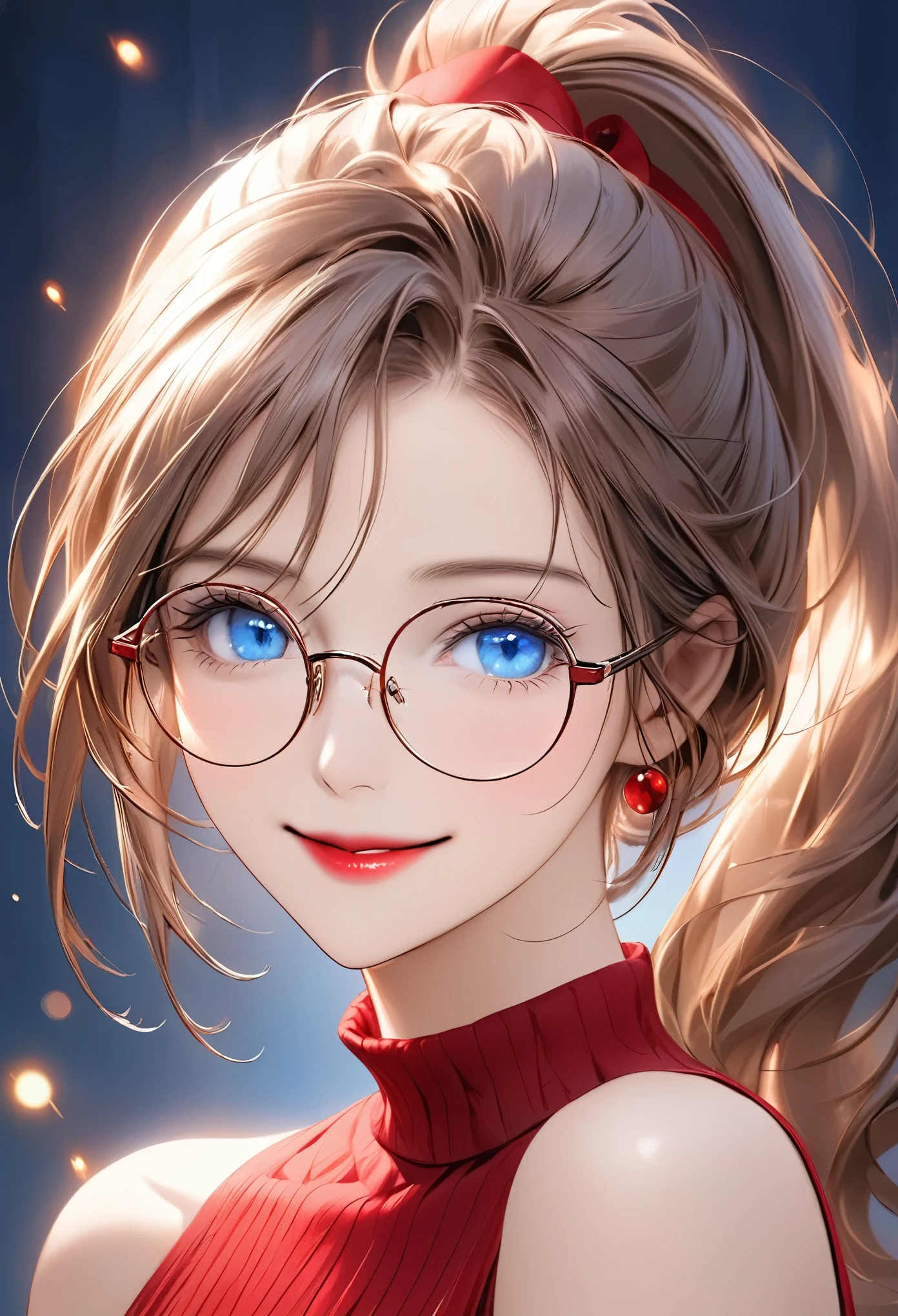 portrait of face only, best quality, super fine, 16k, 2.5D, delicate and dynamic depiction, beautiful woman with glasses, short Ponytail, blue eyes, enchanting smile, crimson lips