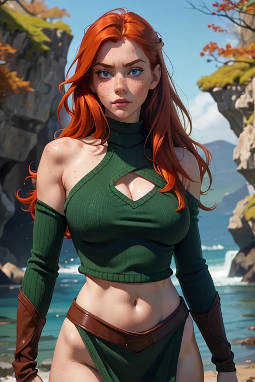 1 Irish woman, extremely beautiful and very legitimate redhead. Extremely slender, with freckles, big bright blue eyes, wearing green sweater falling down showing shoulders, symmetrical body, sensualizing, pouting with orgasmic expression, highly arousing, high quality 32k, UHD, hyper-realistic, cinematic, dynamic close-up above.