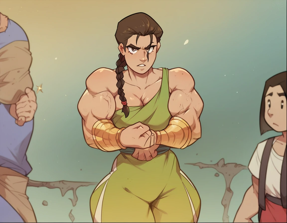 muscle woman with braided brunette hair wearing ancient greek yellow tunic flexing massive muscles wearing yellow metal bracelet, muscle woman, huge muscles, muscle girl, biceps, pecs