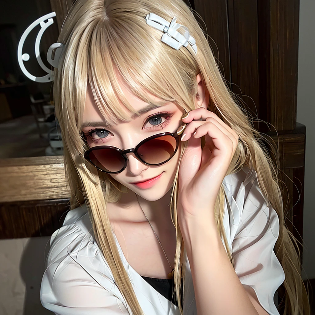 blond 2D with sunglasses and a white top posing for a picture