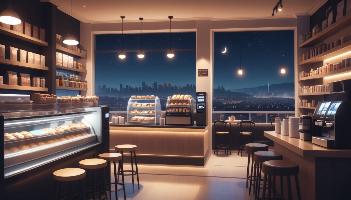 a cozy night time at a coffe interior with cozy lighting and sweets in the shelves. There are coffee cups in the tables. a cash machine and a coffee maker machine in the counter,There is a big window in the middle of the coffeeshop and the outside view is the city at night.