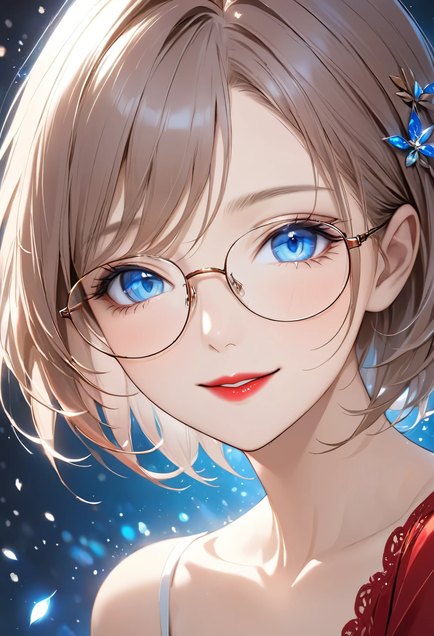 portrait of face only, best quality, super fine, 16k, 2.5D, delicate and dynamic depiction, beautiful woman with glasses, blue eyes, enchanting smile, crimson lips