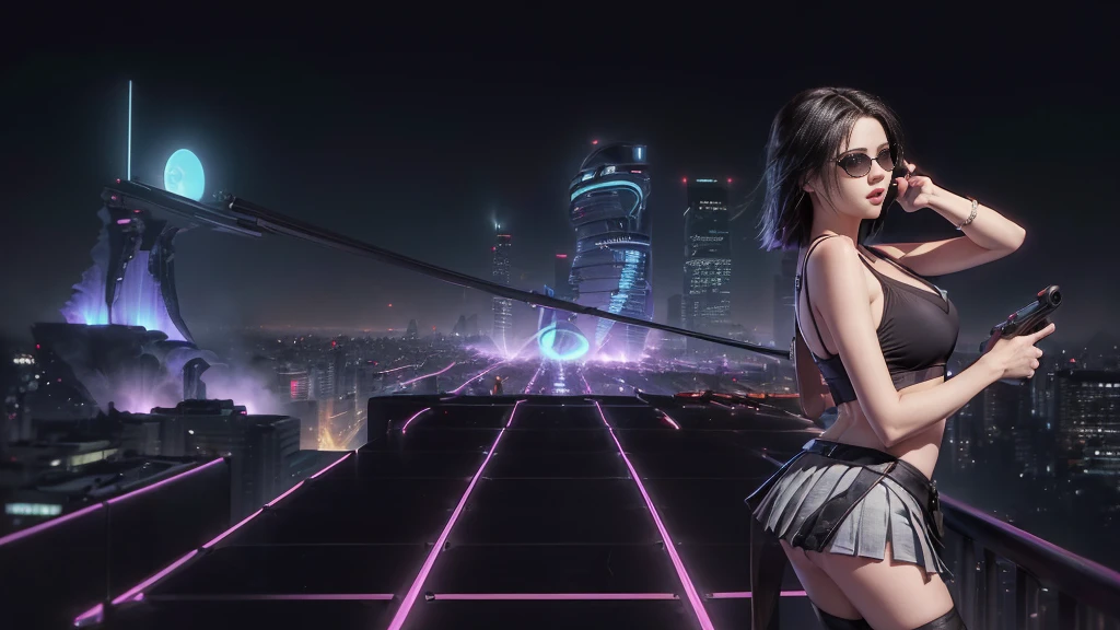 (((a medium-breast bikini slim GIRL with black micro sunglasses))), a balcony of a futuristic building, aerial view of an ultra-futuristic megalopolis, many metal buildings and houses in dark colors from dark blue to black, a cidade tem tons de cinza metal, has smoky metal structures , industrial environment with smoke and fog around, carros escuros nas ruas, desert megalopolis, trilhos e trens modernos de de metal passando estre as ruas da cidade, tall futuristic metal buildings, many ultra modern buildings around, realistic, detailed, Science fiction