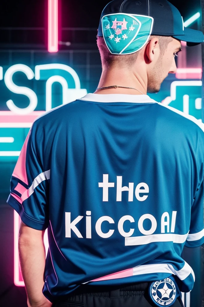 I need you to make the logo of a soccer team called "The FC Neighborhood" using phosphorescent light blue colors, phosphorescent pink, a little white, a little black and a little navy blue, This team is characterized by being from the people and always fighting for everything.