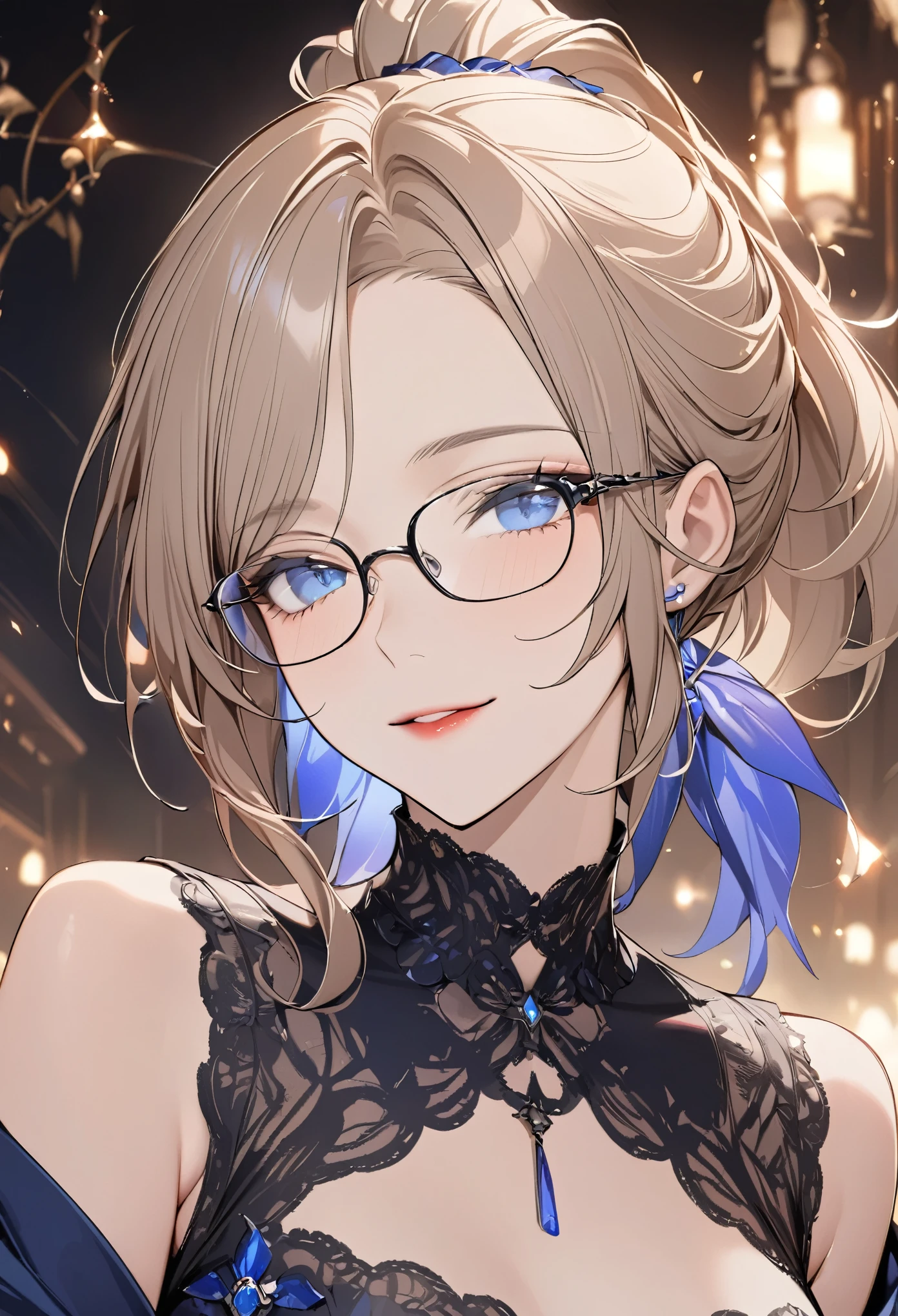 portrait of face only, best quality, super fine, 16k, 2.5D, delicate and dynamic depiction, beautiful woman with glasses, short Ponytail, blue eyes, enchanting smile, crimson lips