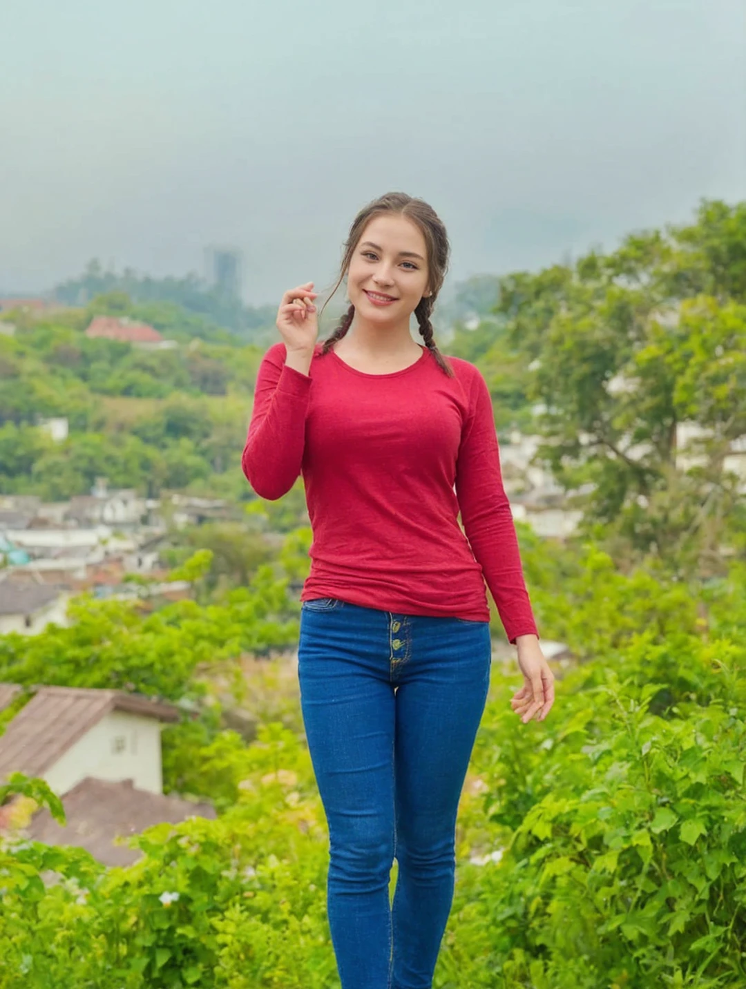 ((best quality)), ((masterpiece)), (detailed),(purple eyes), ((field of flowers)), perfect face, happy young woman, beautiful young woman, young woman tucking her hair behind her ear, laughing, happy, smile, wholesome, daisy behind ear, hair tucked behind her ear, long plaited hair, long perfect hair, slight blush, ((green eyes)), ethereal eyes, big eyes, blonde hair, detailed eyes, perfect iris, perfect eyes, symmetrical eyes, symmetrical face, happy on a field of flowers