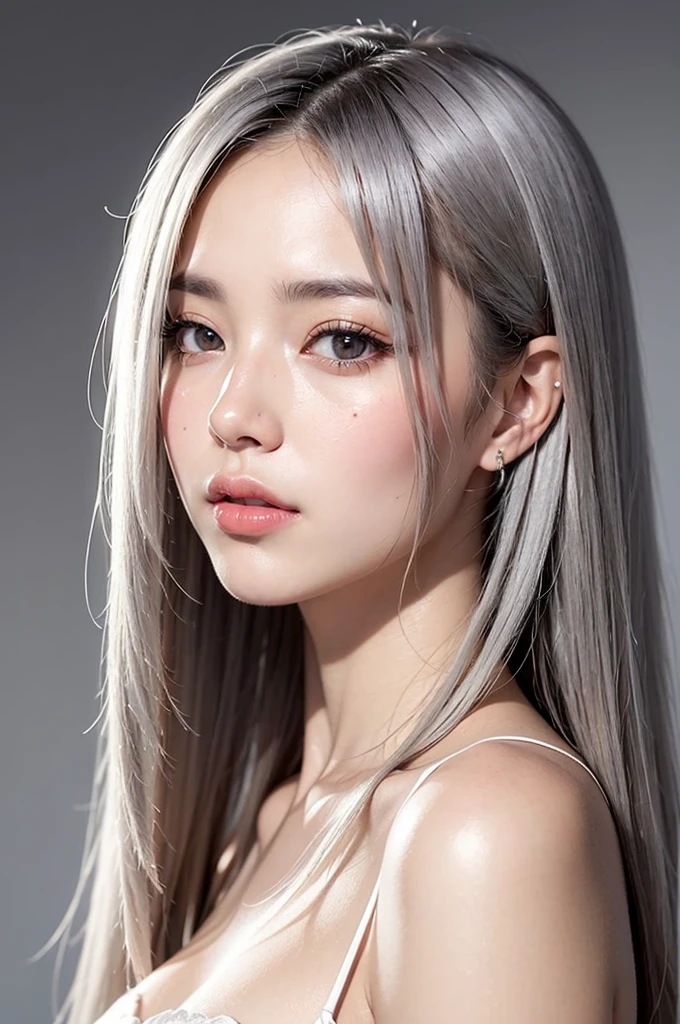 Realistic, masterpiece, Highest quality, Highest Resolution, (Gray blank background:1.3), (1girl:1.3), Photographed from the waist up, 20-year-old, Sharp Eyes, Chin up, Spacey and with mouth open, Slightly to the side, (Beautiful narrow eyes, (Iris:1.2)), (Hidden eyelid wrinkles:1.2), Thin eyebrows, Draw eyelashes carefully, Natural Makeup, (Long Hair, Straight Hair, Silver Hair)