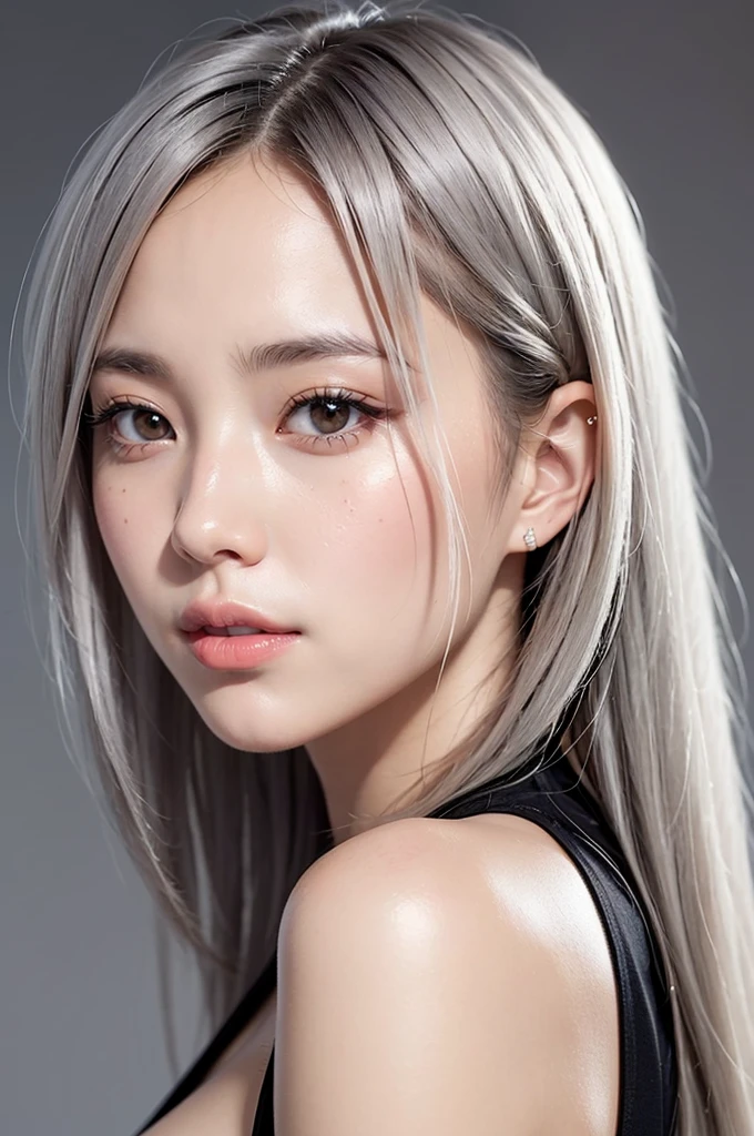 Realistic, masterpiece, Highest quality, Highest Resolution, (Gray blank background:1.3), (1girl:1.3), Photographed from the waist up, 20-year-old, Sharp Eyes, Chin up, Spacey and with mouth open, Slightly to the side, (Beautiful narrow eyes, (Iris:1.2)), (Hidden eyelid wrinkles:1.2), Thin eyebrows, Draw eyelashes carefully, Natural Makeup, (Long Hair, Straight Hair, Silver Hair)