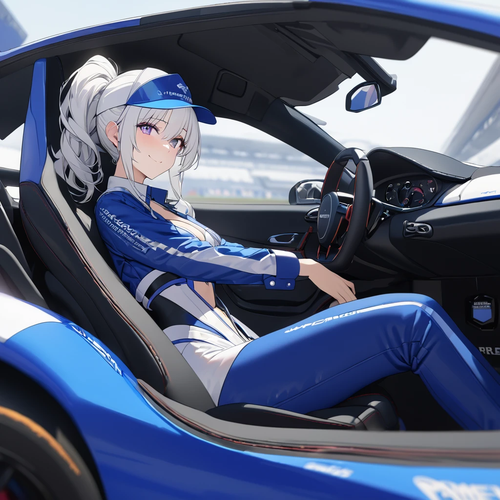 A woman wearing a race queen outfit, blue with white details, blue leather boots, long white hair, race queen hat, purple eyes, ponytail hair, sitting on a car seat, inside a race car, interior of the perfect racing car, perfect seats, holding the steering wheel of the car perfectly, perfect steering wheel, high quality, very detailed, smiling.
UHD , prime work , accurate , anatomically correct , textured skin , super details , high quality , best quality, 8k, high resolution, bokeh effect. (woman alone),